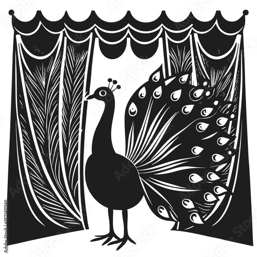Elegant peacock illustration with fanned tail on stage backdrop.