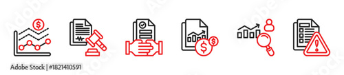 Icons of Forecast, Legal Document, Contract, Financial Statement, Performance Review, Risk Assessment. Vector Illustration