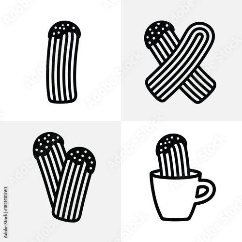 Stylized black line art illustration of cupcakes in various abstract arrangements and cup isolated on white background, Vector, illustration
