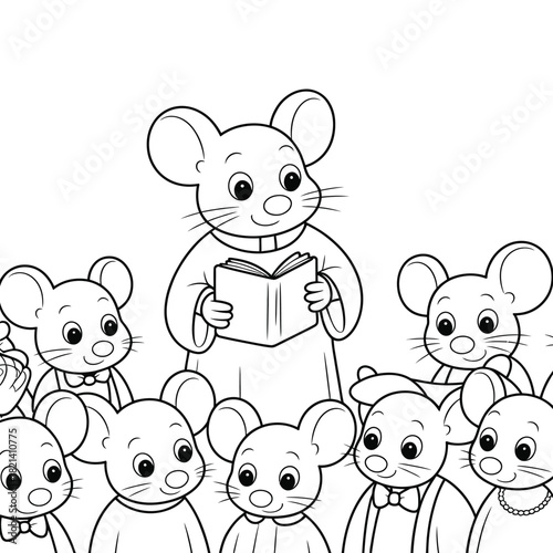 Teacher mouse reading a book to a group of attentive young mouse students, outline drawing. isolated on white background, Vector, illustration
