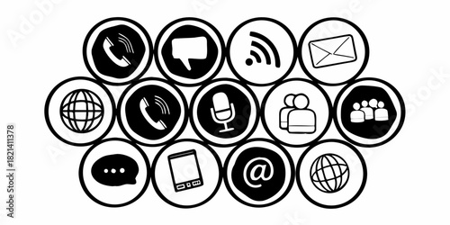 A comprehensive collection of black and white circular icons depicting modern communication, digital connectivity, and global interaction tools