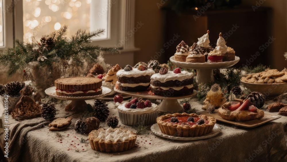 Fototapeta premium Festive Dessert Table with Cakes, Pies, and Cupcakes.