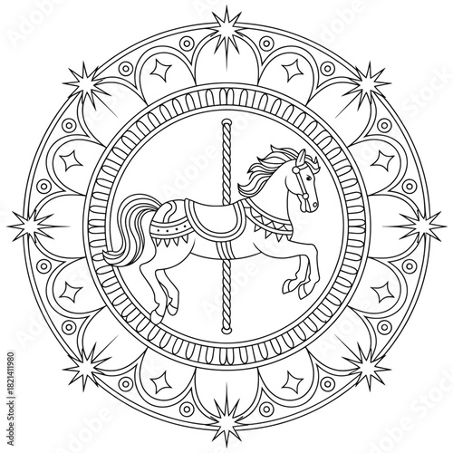 Ornate carousel horse illustration in a circular mandala design with starbursts isolated on white background, Vector, illustration