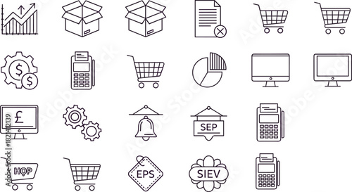 Business, finance, icons, chart, box, document, gear, shopping, cart, computer, pound, receipt, tag, flower, pie, monitor, padlock, network, invoice, retail, e-commerce