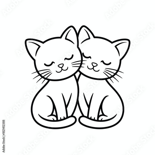 Cute cartoon line art illustration of two white cats cuddling closely together isolated on white background, Vector, illustration