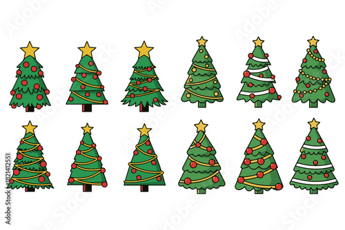 Set of twelve beautifully decorated Christmas trees, adorned with ornaments and stars, ready to celebrate the holiday season