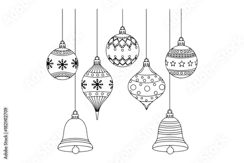 Detailed line art collection showcasing an assortment of hanging decorative ornaments and festive bells, ideal for holiday designs and winter celebration themes