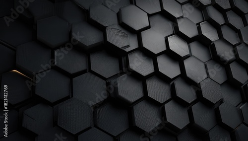 Abstract, dark honeycomb pattern; hexagonal tiles in varying depths create a textured surface