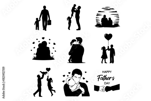 Collection of loving father and child silhouettes illustrating parental bonds and affectionate moments for family celebrations, paternity themes, and Father's Day