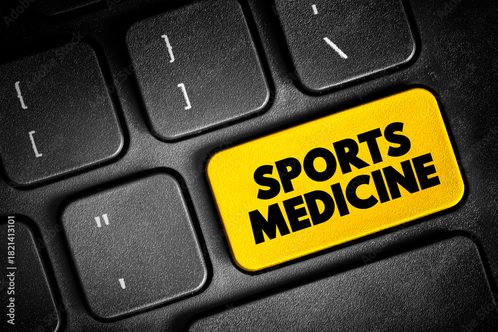 Fototapeta premium Sports Medicine is a branch of medicine that deals with physical fitness and the treatment and prevention of injuries related to sports, text button on keyboard, concept background