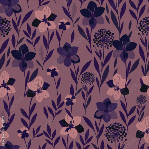 Elegant, vibrant seamless pattern featuring pink Amaryllis and purple Allium Giant Onion flowers on a deep background. Perfect for fabric and textiles