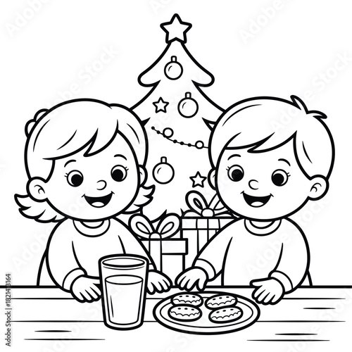 Two happy cartoon children sit at a table in front of a christmas tree with cookies and milk. isolated on white background, Vector, illustration