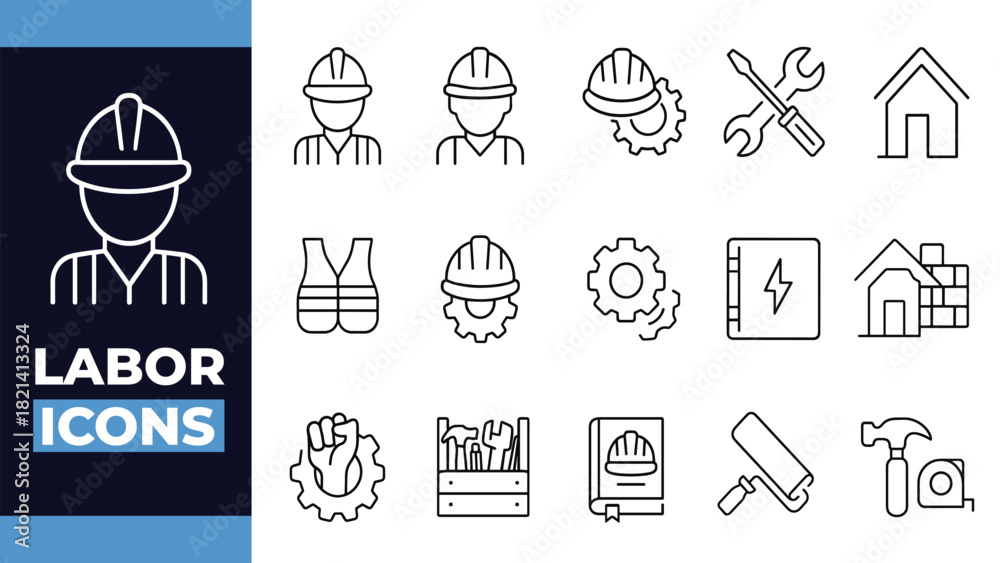 Naklejka premium Labor Safety and Construction Tools Outline Icons – Worker Protection, Engineering, and Industrial Equipment Vector