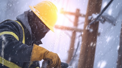 Worker in safety gear repairs power lines during a heavy snowstorm, with snowflakes falling around