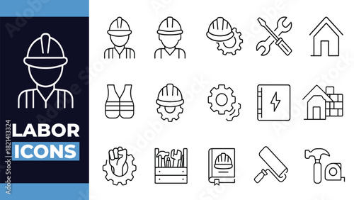 Labor Safety and Construction Tools Outline Icons – Worker Protection, Engineering, and Industrial Equipment Vector