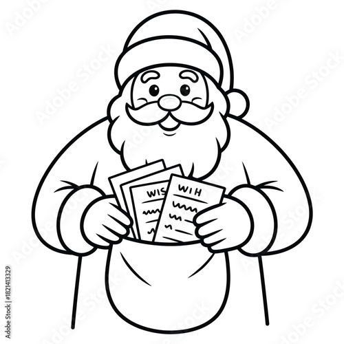 Santa claus holding a sack with children's christmas wish lists in his hands isolated on white background, Vector, illustration