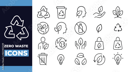 Zero Waste and Eco Sustainability Outline Icons – Recycling, Green Energy, and Environmental Care Vector Set