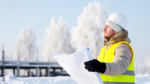 Construction worker in winter gear examining blueprints amidst snowy landscape and trees