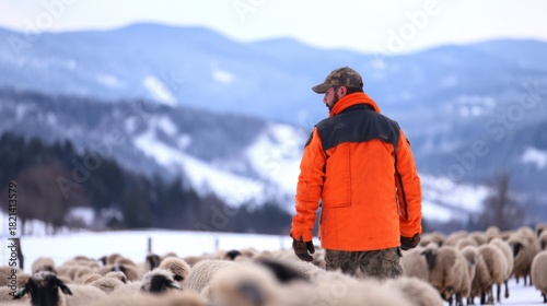 A shepherd in an orange jacket guiding a flock of sheep through snowy mountains on a winter day