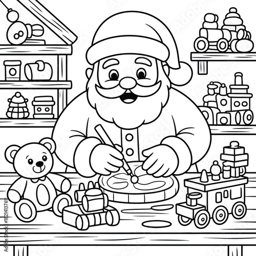 Santa claus in workshop making toys with teddy bear and train illustration. isolated on white background, Vector, illustration