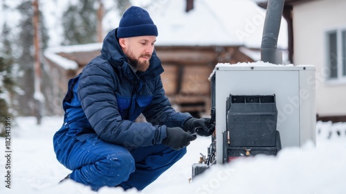 Technician repairing heating unit in snowy landscape near wooden cabin, ensuring warmth during winter