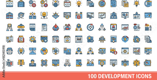 Development, icons, software, coding, teamwork, innovation, analytics, gear, chart, bulb, monitor, data, project, management, collaboration, business, technology, tools, settings, strategy