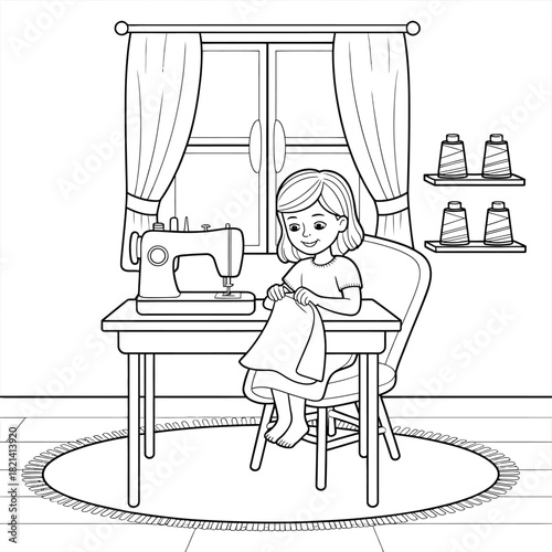 A happy girl sewing with a sewing machine at a table, domestic hobby illustration isolated on white background, Vector, illustration