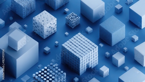 Abstract blue background showing various sizes and textured cubes in an isometric layout