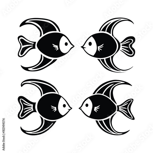 Four black cartoon angelfish silhouetted against a white background facing each other isolated on white background, Vector, illustration
