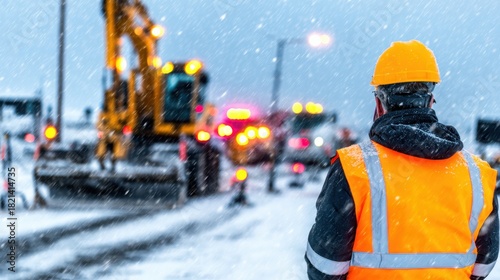 Construction worker in safety gear observes machinery in snowy conditions during a winter project
