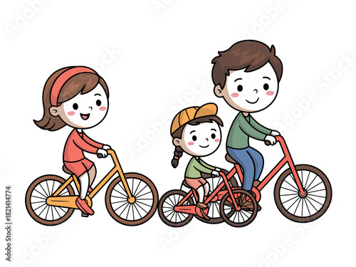 A happy family enjoys a leisurely bike ride together on a sunny day.