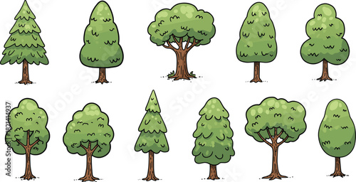 Nature's Diverse Forest Collection: Hand-Drawn Cartoon Trees, Conifers, and Deciduous Park Plants, Perfect for Kids' Books, Games, and Web Design Elements, Vector Illustration Set.