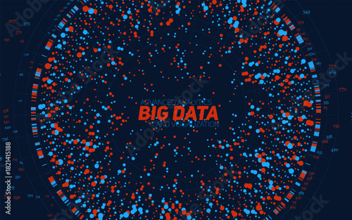 Round big data information visualization. Social network, financial analysis of complex databases. Visual information complexity clarification. Intricate data technology