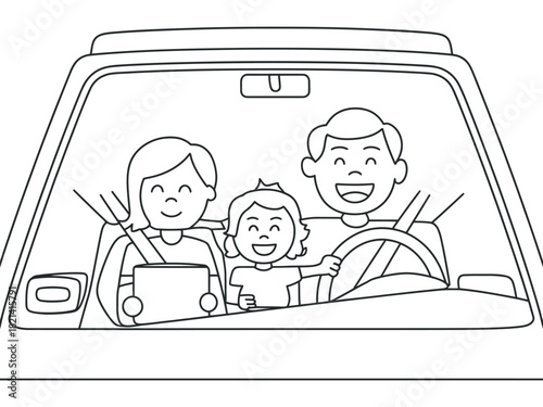 A happy family is enjoying their road trip together in a car.