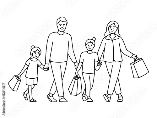 A happy family of four walks together, holding hands and carrying shopping bags, enjoying an outing.
