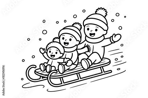 Three happy children in winter hats and scarves enjoy sledding down a snowy hill together.