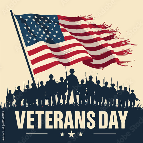 vektor Patriotic Veterans Day illustration with silhouettes of soldiers, American flag waving in the background, bold and heroic style