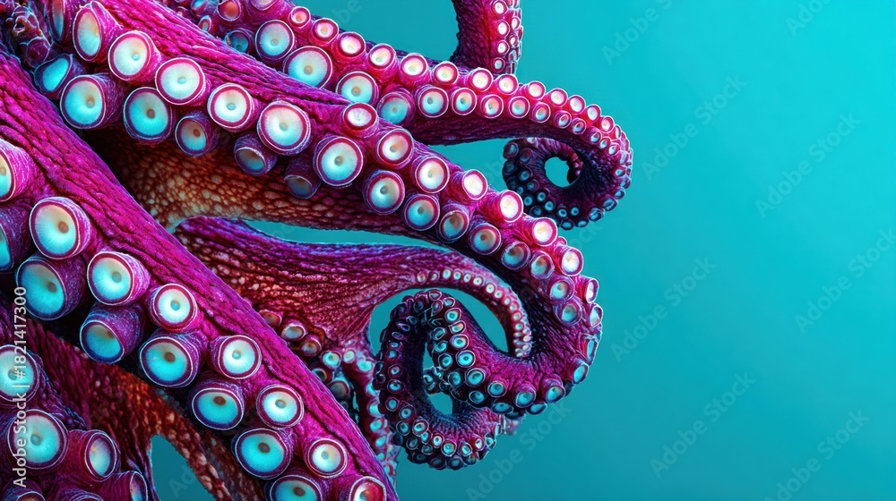Obraz premium Neon-purple Octopus Tentacles Swirling in Vibrant Turquoise Water Create a Striking Underwater Scene