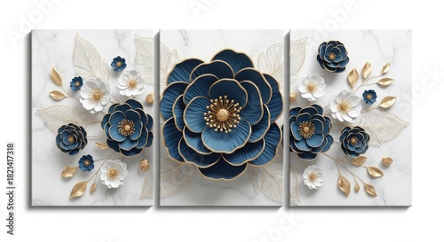 Elegant 3d floral art triptych blue white flowers gold leaves on a marble background, isolated on white background