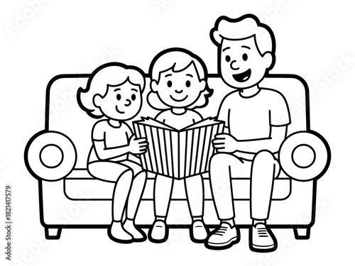 A father reads a book to his two children while sitting together on a couch.