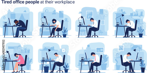 Tired, exhausted, stressed, office, workers, burnout, fatigue, workplace, desk, computer, slumped, overwhelmed, corporate, job, pressure, mental, health, productivity, employee, disengaged
