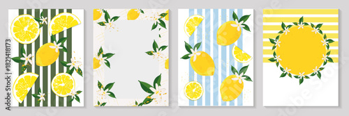 A bright set of watercolor lemons and foliage in a Mediterranean style. Isolated posters, frames, and patterns for postcards, packaging, textiles, backgrounds, and printing. Vector 