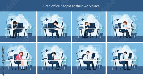 Tired, exhausted, stressed, office, workers, burnout, fatigue, workplace, desk, computer, slumped, overwhelmed, corporate, job, pressure, mental, health, productivity, employee, disengaged