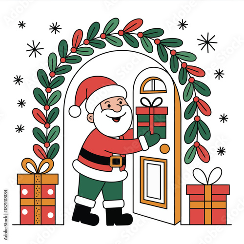 Santa claus delivering gifts at the door with christmas decorations and presents nearby isolated on white background, Vector, illustration