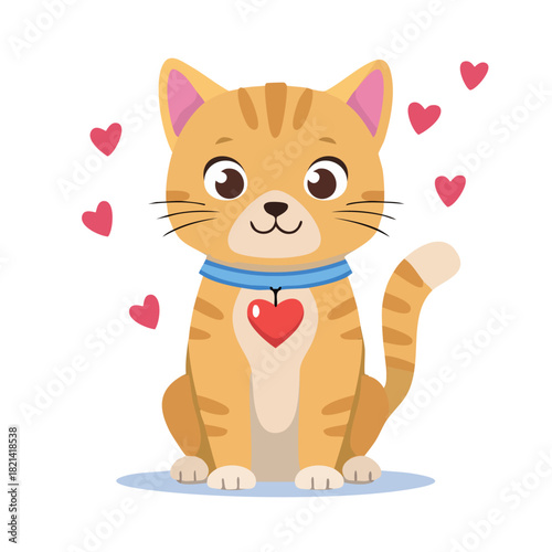 A cartoon cat with a heart on its chest and hearts floating around it.