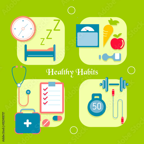 Colorful flat-style illustration showing healthy habits: good sleep, balanced diet, medical checkups, and regular exercise, arranged in four panels on a bright green background.