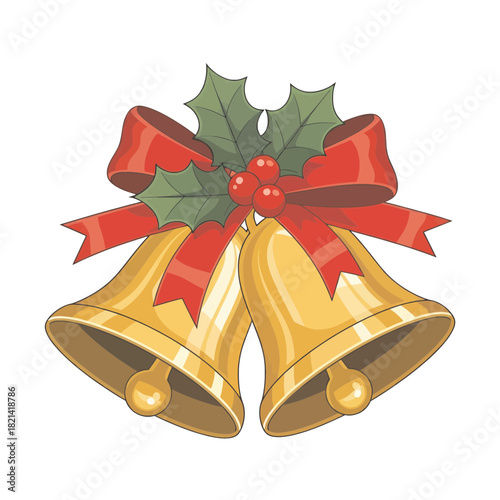 Golden Christmas bells ringing with festive holly and a vibrant red ribbon, perfect for holiday greetings, seasonal designs, and celebratory announcements