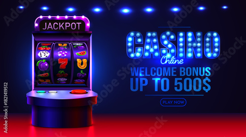 Vibrant online casino banner with slot machine, neon lights, and welcome bonus offer.