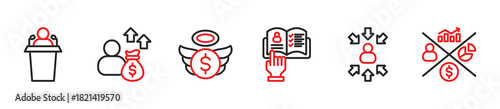 Icons of Public Figure, Investor, Angel Investor, Instruction, Stakeholders Alignment, Stakeholders Metric. Vector Illustration