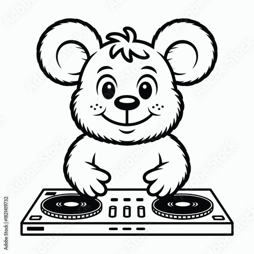 Cute cartoon white bear cub djing on a turntable with a happy expression, isolated isolated on white background, Vector, illustration